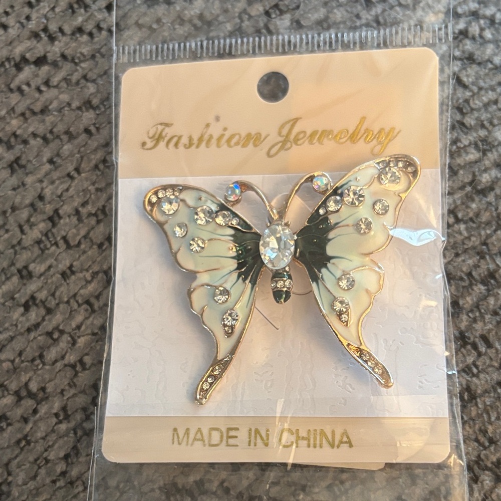Fashion Jewelry Cream and Gold Butterfly Brooch with Crystal Accents